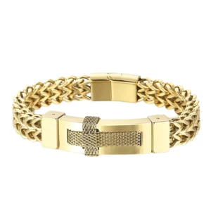 RENSINO Men’s 220mm Stainless Steel Vintage Herringbone Bracelet with Cross Charm in Silver Gold Black Fashionable Charm Bracelets