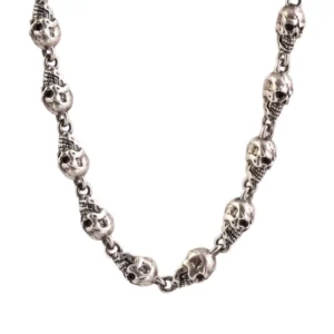 RENSINO Men’s 925 Sterling Silver Necklace Punk Style Dark Skull with Link Chain