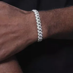 RENSINO Men’s 9mm Full Iced Out Moissanite Diamonds 2 Rows Cuban Link Chain Bracelet S925 Sterling Silver