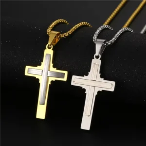 RENSINO Mens Cross Pendant Necklace Stainless Steel Religious Silver Jewelry