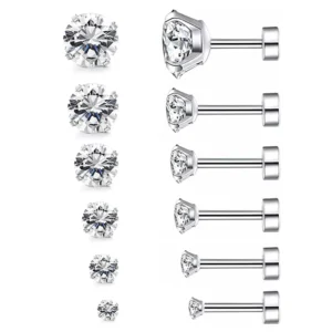 RENSINO Men’s Fashion Jewelry Stainless Steel Gold-Plated Pierced Ear Ring With 8mm Zircon Studs Lip Tragus Cartilage Piercing