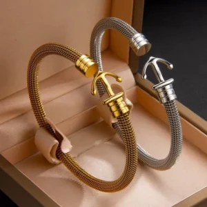 RENSINO Men’s Stainless Steel Braided Anchor Bracelet C Shape Elastic Bangle Nautical Jewelry