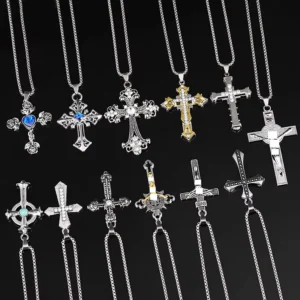 RENSINO Men’s Stainless Steel Cross Necklace Long Link Chain Diamond Hip Hop Inspired Sweater Design for Men Women