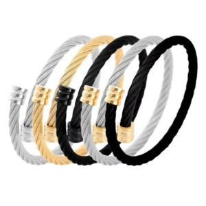 RENSINO Men’s Stainless Steel Cuff Bracelet with Zircon Smooth Surface Vacuum Plated 18K Gold Finish