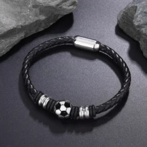 RENSINO Men’s Stainless Steel Magnet Buckle Leather Charm Soccer Ball Shape Braided Fashion Bracelet for