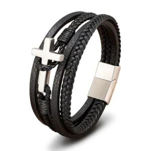 RENSINO Men’s Stainless Steel Multilayer Hand Woven Gold Plated Rope Charm Bracelet Cross Leather with Magnet Buckle Classic Style