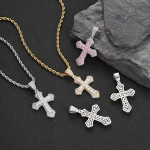 RENSINO Men’s Trendy Silver Cross Necklace Square Color Zircon Red Pink Blue Chunky Bling Iced Hip Hop Religious Rose Horsewhip