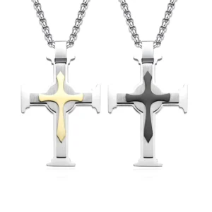 RENSINO Men’s Tri Layer Stainless Steel Cross Pendant Necklace with Wheat Chain Silver Black Religious Jewelry