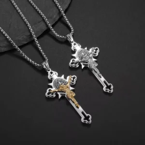 RENSINO Men’s Vintage Cross Pendant Necklace Gold Silver Jesus Necklace Link Chain Stainless Steel