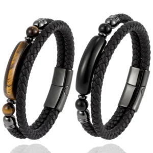 RENSINO Men’s Vintage Stainless Steel Leather Bracelet Natural Tiger Eye Stone Magnetic Buckle Business Casual Personalized Bracelet