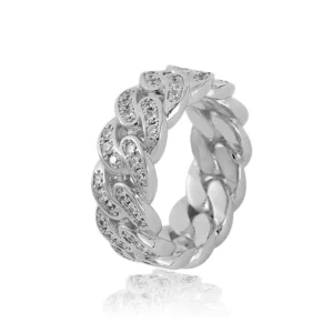 RENSINO Men’s White Gold Plated 925 Sterling Silver Hip Hop Iced Out Moissanite Cuban Link Ring for Wedding and Party Fine Jewelry