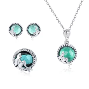 RENSINO Mermaid Love S925 Sterling Silver Inlaid Round Glass Necklace Stud Earrings Beaded Jewelry Set