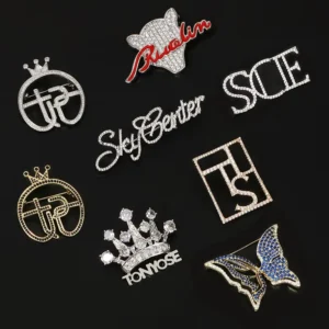 RENSINO Metal Inlaid Diamond Badge With Diamond High end Brooch Customized Stainless Steel Logo Letter Enterprise Chest Badge Pins