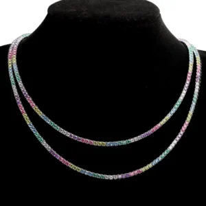 RENSINO Micro Pave Cluster 925 Sterling Silver Vermeil Rainbow Zircon Diamond Tennis Chain Iced Out Tennis Necklace Hip Hop Jewelry