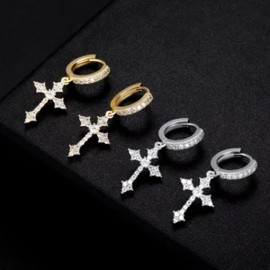 RENSINO Micro Pave Full CZ Diamond Cross Dangle Earring Cuff Men Fashion Piercing Jewelry Wedding Party Gift