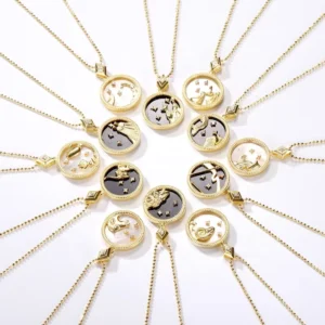 RENSINO Mini Design Custom 925 Sterling Silver Gold Coin Charms Women Jewelry 12 Zodiac Star Sign Necklace and Bracelet
