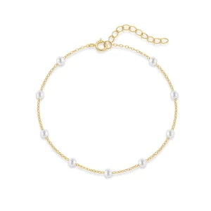 RENSINO Minimalist 18k Gold Plated 925 Sterling Silver Pearl Anklet Imitation White Pearl Fine Jewelry Gifts for Women Girls