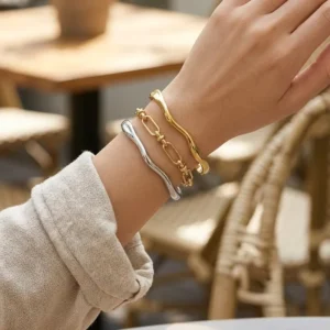 RENSINO Minimalist 18k Gold Plated Wave Adjustable Open Cuff Fashion Bracelets Waterproof Non Tarnish Stainless Steel Jewelry Gift