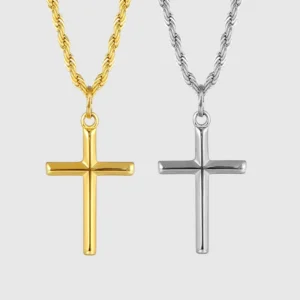 RENSINO Minimalist 25mm Cross Necklace Stainless Steel Crucifix Charm Gold Silver Rope Chain Women Men Jesus Cross Necklace Gift