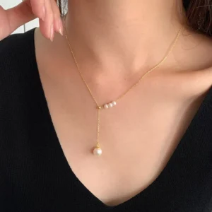 RENSINO Minimalist 925 Sterling Silver 18K Gold Plated Bead Fashion Jewelry Glass Pearl Adjustable Y Necklace Women