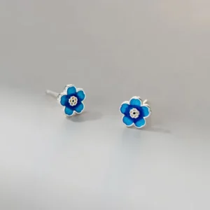 RENSINO Minimalist 925 Sterling Silver Blue Enamel Flower Stud Earrings for Women Jewelry Gift