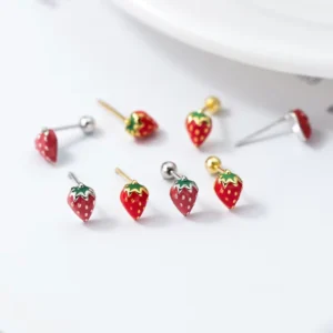 RENSINO Minimalist 925 Sterling Silver Elegant Enamel Strawberry Stud Earrings for Women Gifts Jewelry