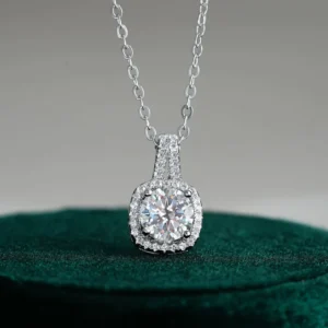 RENSINO Minimalist 925 Sterling Silver Moissanite Halo Pendant Necklace White Gold Dainty Everyday Wear Necklace for Her