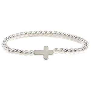 RENSINO Minimalist Bracelet Silver Beaded Stretch Pearl Bracelets for Layering and Stacking with Cross Christian Gift
