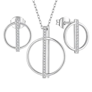 RENSINO Minimalist Circle Pendant Necklace and Earrings Set Rhodium Plated Zirconia Modern Sterling Silver 925 Jewelry Set for Women