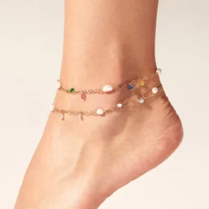 RENSINO Minimalist Colorful Crystal Fresh Water Pearl Charm Anklets for Women Stainless Steel Gold Plated High-grade