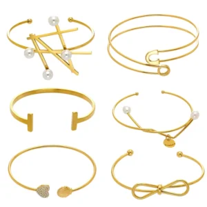 RENSINO Minimalist Gold Bracelet Set for Women Geometric Open Bangle Thin Hoop Stackable 18k Gold Plated Everyday Jewelry