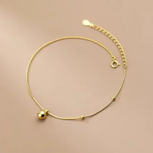 RENSINO Minimalist Round Ball Pendant 925 Sterling Silver Gold Plated Snake Chain Foot Anklets Bracelets Fine Jewelry for Women