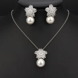 RENSINO Minimalist Snowflake Pearl Zircon Necklace Earrings Jewelry Set Bridal Wedding Jewelry Sets