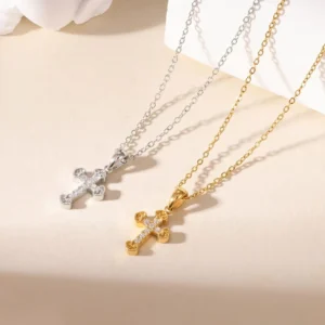 RENSINO Minimalist Stainless Steel Waterproof Link Chain Jesus Ankh Cross Charm Faith Necklace with White Zircon for Women