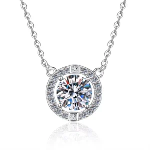 RENSINO Minimalist Style S925 Sterling Silver Halo Pendant Necklace 1&2CT VVS1 Moissanite Hypoallergenic Wedding Jewelry for Women