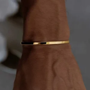 RENSINO Minimalist Unisex Open Cuff Bangle 18K Gold Plated Stainless Steel Waterproof Tarnish Resistant Bracelet Men Women Daily Wear