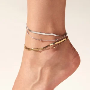 RENSINO Minimalist Vintage Double Layer Flat Snake Chain Stainless Steel Anklets Bracelets Gold Plated Beads Chain Anklets for Women