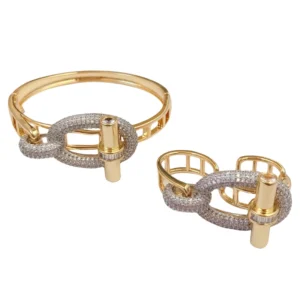 RENSINO Modern Design Oval Cubic Zircon T Clasp Exaggerated Bangle Two Tone Hollow Jewelry Bangles