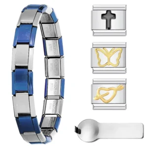 RENSINO Modular Charm Bracelet Stainless Steel Blue Silver Link Bracelet with Opening Tool & Charms Bulk Order Available