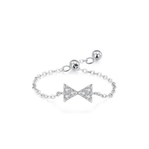 RENSINO Moissanite 925 Sterling Silver Bow Chain Ring Women’s Layered Wind Stretchable Tail Ring