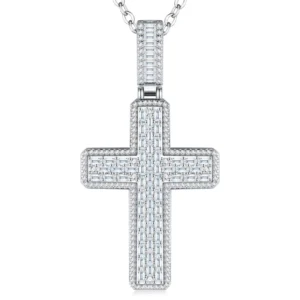 RENSINO Moissanite Baguette Cross Design 925 Silver Hip Hop Style Statement Fashion Jewelry Gift Pendant