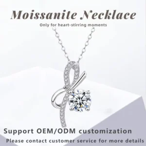 RENSINO Moissanite Bow Necklace Pendant Gold Plated 925 Sterling Silver with GRA Certificate