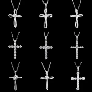 RENSINO Moissanite Cross Women Gifts D Color VVS1 GRA 14K Gold Plated 925 Sterling Silver Twisted Cross Men Lab Diamond Pendant Necklace