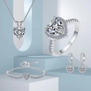 RENSINO Moissanite Diamond Jewelry Set 925 Sterling Silver Wedding Jewelry Necklace Ring Earrings