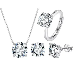 RENSINO Moissanite Diamond Jewelry Set 925 Sterling Silver Wedding Jewelry Necklace Ring Earrings