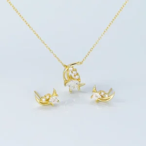 RENSINO Moissanite Earrings Pendant Necklace Jewelry Set 18K Gold Plated 925 Sterling Silver Moon Star Design Trendy Women’s Jewelry