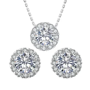 RENSINO Moissanite Earrings Pendant Necklace Jewelry Set Gold Plated Stud Earring 925 Sterling Silver Moissanite Earrings for Women