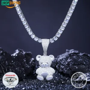 RENSINO Moissanite Little Bear Pendant 925 Sterling Silver VVS Diamond Iced Out Hip Hop Cartoon Pendant
