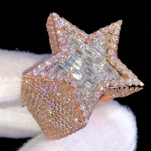 RENSINO Moissanite Mens Ring Hip Hop Baguette VVS Star Design Custom Championship 925 Silver Moissanite Ring