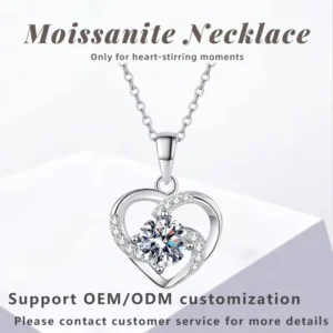 RENSINO Moissanite Necklace Heart-shaped Pendant Gold Plated 925 Sterling Silver with Certificate